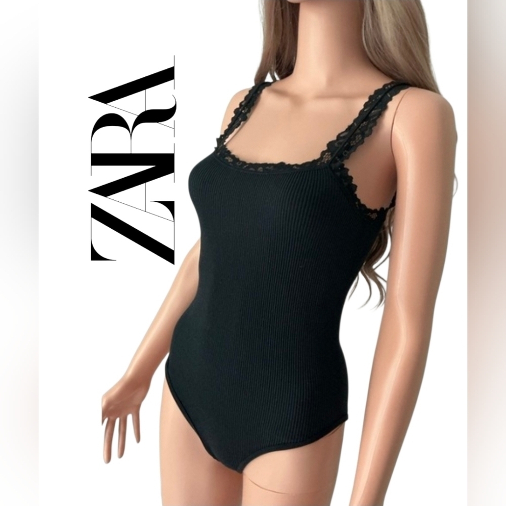 Zara Black Bodysuit with Lace Detail Sz M-L